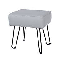 grey polyurethane upholstered rectangular stool with black metal legs