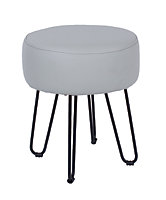 grey polyurethane upholstered round stool with black metal legs