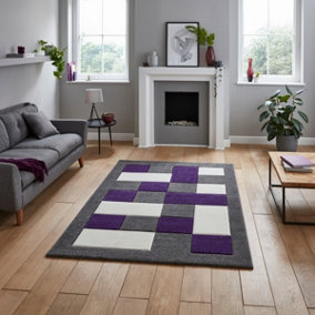 Grey Purple Modern Easy to Clean Bordered Chequered Geometric Rug For Dining Room-120cm X 170cm