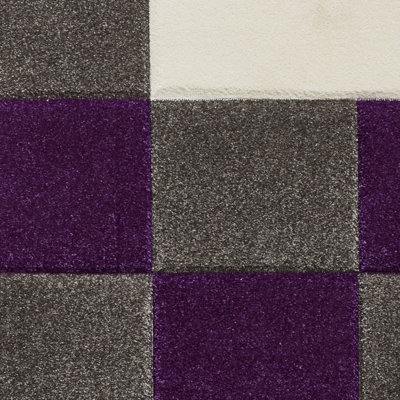Grey Purple Modern Easy to Clean Bordered Chequered Geometric Rug For ...