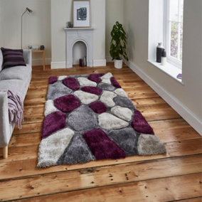 Grey/Purple Modern Shaggy Easy to Clean Abstract Optical/ (3D) Bedroom Dining Room And Living Room Rug-120cm X 170cm