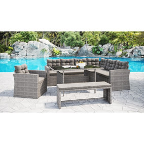 Grey Rattan Dark Grey Cushions 5 Piece Garden Corner Sofa Chair Bench Glass Top Table