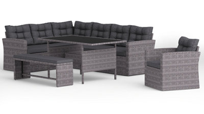 Grey Rattan Dark Grey Cushions 5 Piece Garden Corner Sofa Chair Bench Glass Top Table
