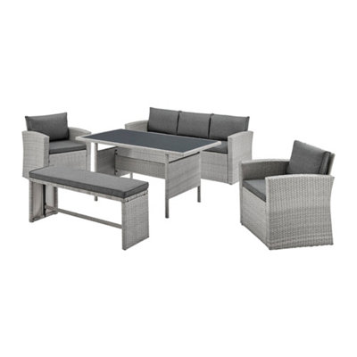Grey Rattan Dark Grey Cushions 5 Piece Garden Corner Sofa Chairs Bench Glass Top Table