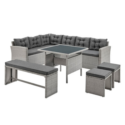 Grey Rattan Dark Grey Cushions 6 Piece Garden Corner Sofa Set Footstools Bench Glass Top Table