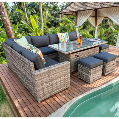 Grey Rattan Garden Furniture Seater Corner Sofa Set with Fire