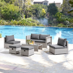 Grey Rattan Grey  Cushions 6 Piece Garden Sofa Chairs Footstools Glass Top Coffee Table