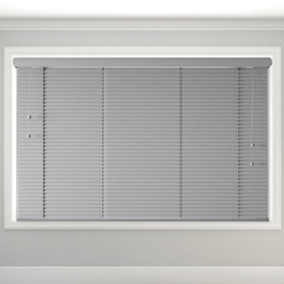 Grey real wood venetian blind.