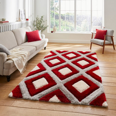 Grey Red Modern Shaggy Geometric Rug For Dining Room-120cm X 170cm