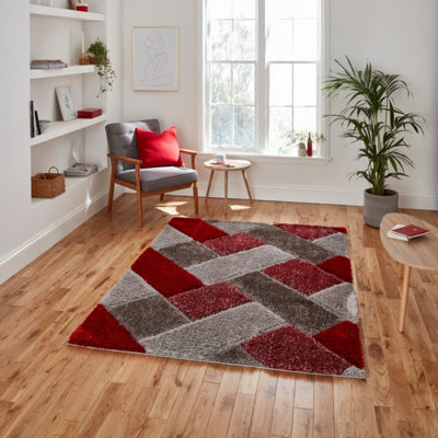 Grey Red Shaggy Modern Geometric Easy to Clean Rug for Living Room ...