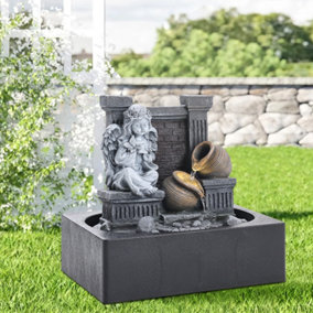 Grey Resin Electric Indoor Tabletop Sitting Angel Fountain with LED Light