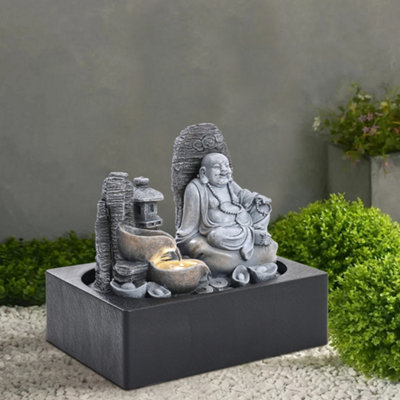 Grey Resin Electric Tabletop Happy Sitting Buddha Fountain with LED Light
