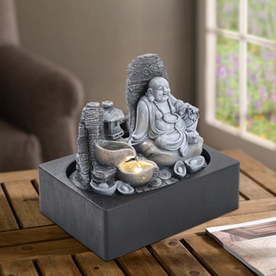 Grey Resin Electric Tabletop Happy Sitting Buddha Fountain with LED Light