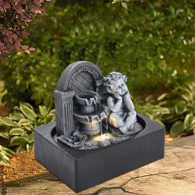 Grey Resin Tabletop Cherub  Electric Fountain Water Feature with LED Light