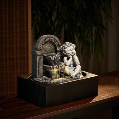 Grey Resin Tabletop Cherub  Electric Fountain Water Feature with LED Light