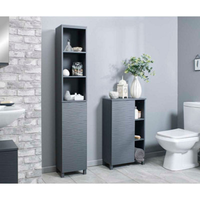 Glossy Bathroom Tallboy Cabinet with Mirror in Grey