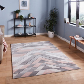 Grey Rose Geometric Abstract Easy to Clean Rug For DiningRoom-80cm X 150cm