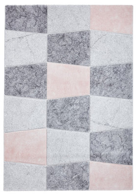 Grey/Rose Modern Geometric Easy To Clean Rug For Dining Room-120cm X 170cm