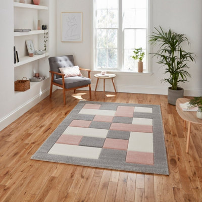 Grey Rose Polypropylene Modern Chequered Geometric Bordered Rug for ...