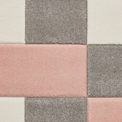 Grey Rose Polypropylene Modern Chequered Geometric Bordered Rug for ...