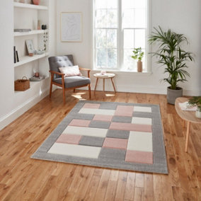 Grey Rose Polypropylene Modern Chequered Geometric Bordered Rug for Living Room Bedroom and Dining Room-60cm X 120cm