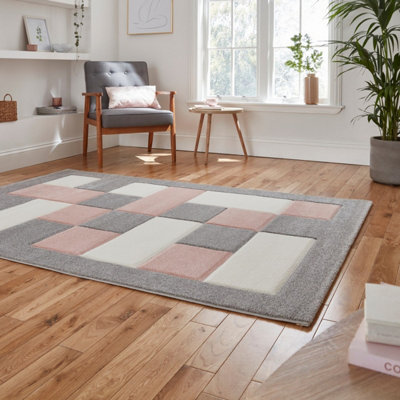 Grey Rose Polypropylene Modern Chequered Geometric Bordered Rug for ...