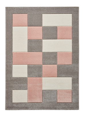 Grey Rose Rug, Bordered Geometric Rug, 10mm Thick Chequered Rug, Grey Rose Rug for Bedroom, & Dining Room-60cm X 120cm