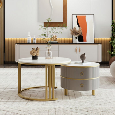 Grey Round 2-in-1 Coffee Table Set with Gold Accents