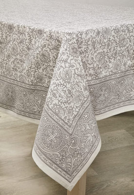 Grey Round Cotton Tablecloth - Machine Washable Indian Hand Printed Floral Design Table Cover - Measures 178cm Diameter