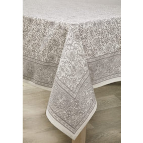 Grey Round Cotton Tablecloth - Machine Washable Indian Hand Printed Floral Design Table Cover - Measures 178cm Diameter