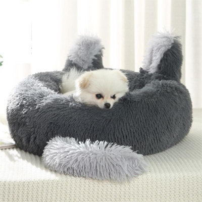 Grey Round Plush Pet Dog Cat Calming Bed with Cute Ears 70 cm DIY at B Q