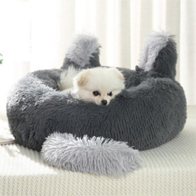Grey Round Plush Pet Dog Cat Calming Bed with Cute Ears 70 cm