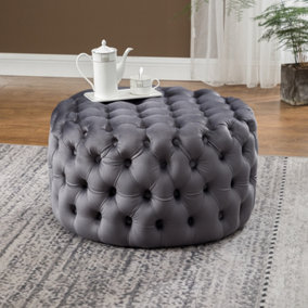 Grey Round Velvet Upholstered Buttoned Footstool Footrest Foot Stool 70 cm