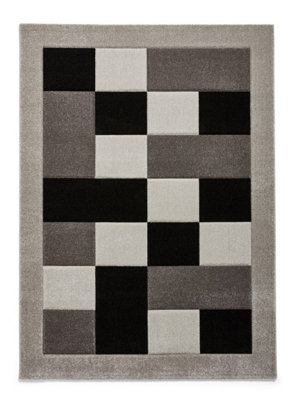 Grey Rug, 10mm Thick Stain-Resistant Rug, Bordered Geometric Rug, Chequered Bedroom, & Dining Room Rug -80cm X 150cm