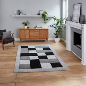 Grey Rug Geometric Bordered Chequered Polypropylene Rug for Living Room Bedroom and Dining Room-120cm X 170cm
