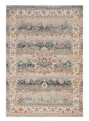 Grey Rug, Luxurious Floral Rug, Traditional  Rug, Stain-Resistant Persian Rug for Bedroom, & Dining Room-115cm (Circle)