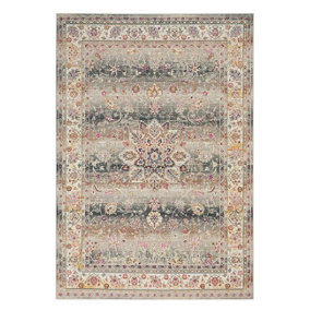 Grey Rug, Luxurious Floral Rug, Traditional  Rug, Stain-Resistant Persian Rug for Bedroom, & Dining Room-115cm (Circle)