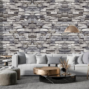 Grey Rustic 3D Stone Brick Effect Vinyl Patterned Wallpaper 950 cm
