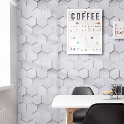 Grey Self Adhesive Wallpaper Modern 3D Hexagonal Patterned Wallpaper Roll 4.5m²