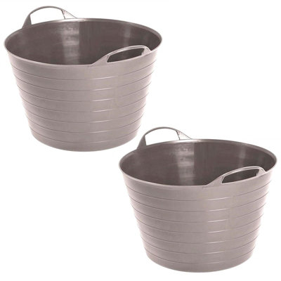 Grey Set Of 2 Plastic Flexi Tub Storage Bucket 42L Builders Garden Horse  Feed Trug Laundry Toy