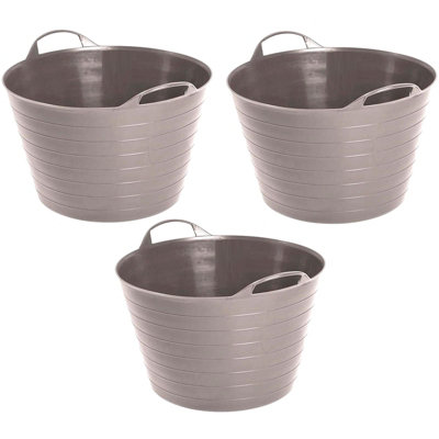 Grey Set Of 3 Plastic Flexi Tub Storage Bucket 42L Builders Garden