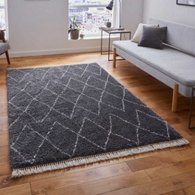 Grey Shaggy Kilim Moroccan Chequered Modern Rug for Living Room Bedroom and Dining Room-120cm X 170cm