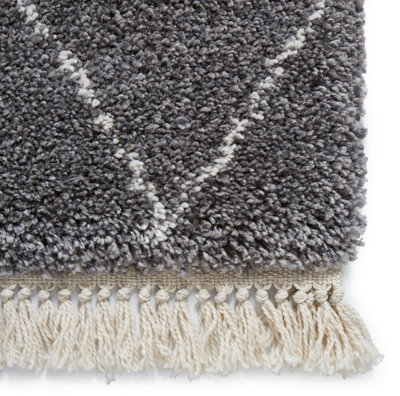 Grey Shaggy Kilim Moroccan Chequered Modern Rug for Living Room Bedroom and Dining Room-200cm X 290cm