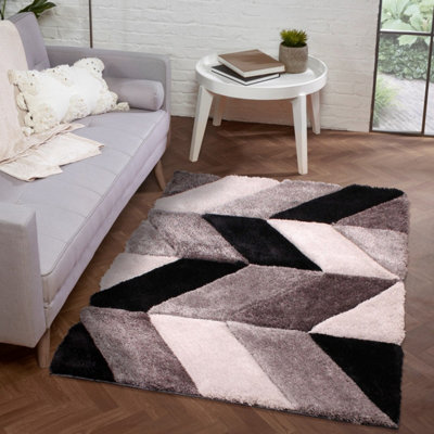 Grey Shaggy Modern Sparkle Geometric Easy to clean Rug for Dining Room ...
