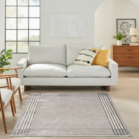 Grey Silver Bordered Chequered Modern Easy to clean Rug for Bedroom & Living Room-119cm X 180cm