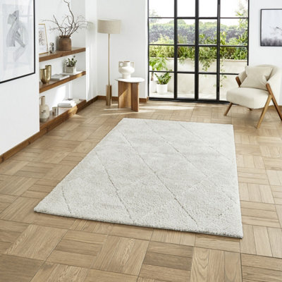 Grey Silver Geometric 30mm Thick Shaggy Rug, Stain-Resistant Modern Rug for Bedroom, Living, Dining Room-120cm X 170cm