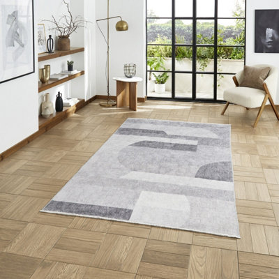 Grey Silver Geometric 5mm Thick Rug, Stain-Resistant Modern Rug for ...