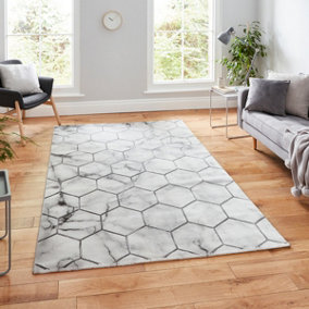 Grey Silver Geometric,Modern Easy to clean Rug for Bedroom & Living Room-160cm X 220cm