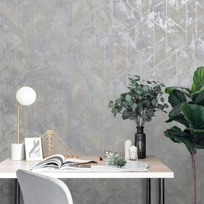 Grey Silver Marble Wallpaper Metallic Geometric Pattern Feature Wall ...