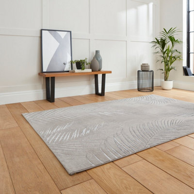 Grey/Silver Nature Print Luxurious Modern Easy to clean Rug for Dining Room-160cm X 230cm